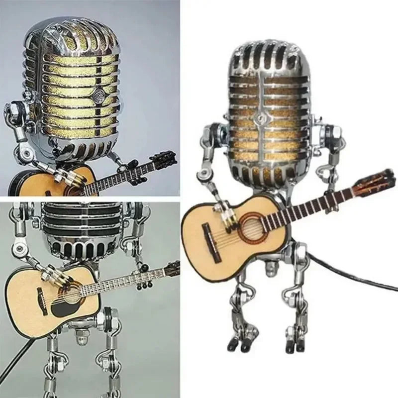 Hot Sale Vintage Microphone Robot Lamp Play Guitar Desk LED Lamp Light Vintage Miniatures Crafts Lighting Office Home Decoration