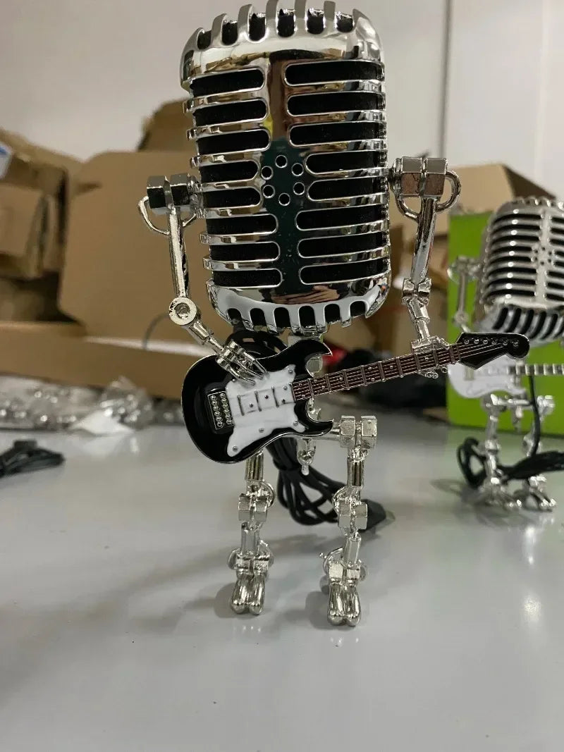 Hot Sale Vintage Microphone Robot Lamp Play Guitar Desk LED Lamp Light Vintage Miniatures Crafts Lighting Office Home Decoration