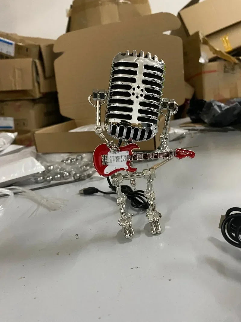 Hot Sale Vintage Microphone Robot Lamp Play Guitar Desk LED Lamp Light Vintage Miniatures Crafts Lighting Office Home Decoration